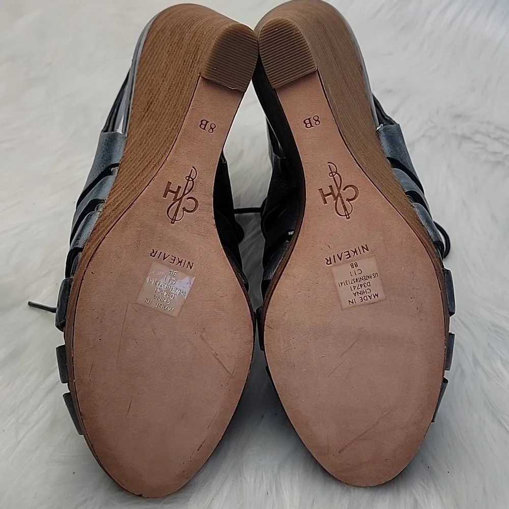 COLE HAAN Gray Blue Lace Up Cut Out Peep Toe Sling Back Wedge Sandal Heels 8 NeW
